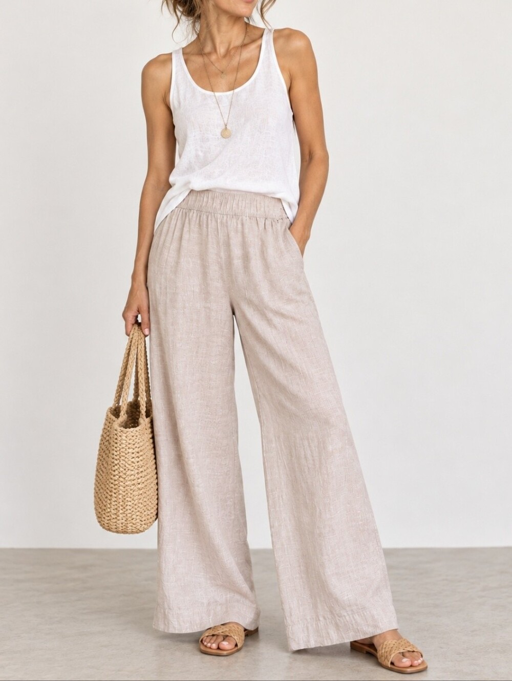 Tahari 100% Linen Wide Leg Cropped Pants Light Tan Elastic Waist Small